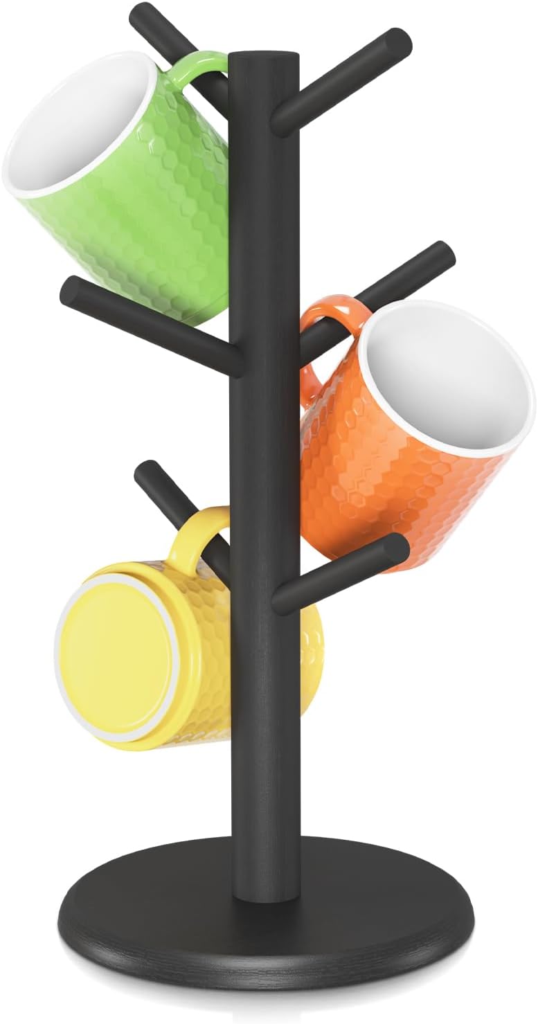EsLuker.ly Mug Holder Tree, Bamboo Coffee Cup Display Rack with 6 Hooks for Home Kitchen Counter, Wood Mug Stand Station Organizer, Black, A Must-Have for Coffee Lover - Image 1